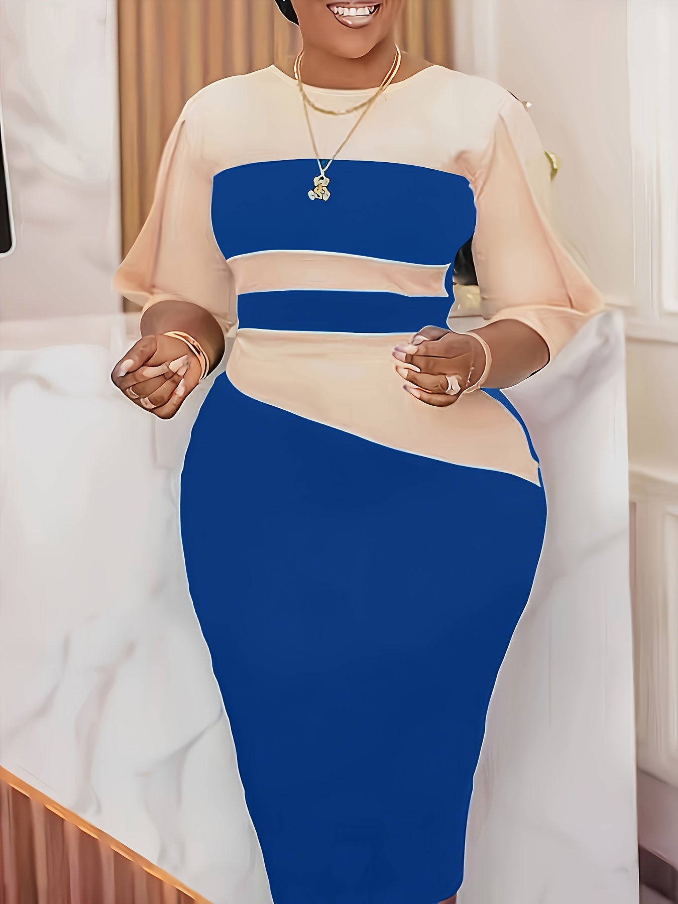 Fashion-Forward Color Block Midi Dress - Versatile Crew Neck Bodycon Style - Perfect for Modern Womens Wardrobe